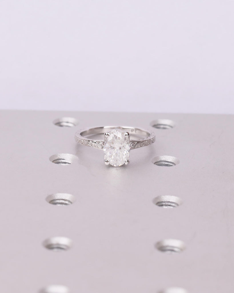 Oval Lab Grown Diamond Ring, Platinum Engagement Ring, Scrollwork Band, Personalized Handmade Jewelry, Vintage Solitaire Rings for Women image #19