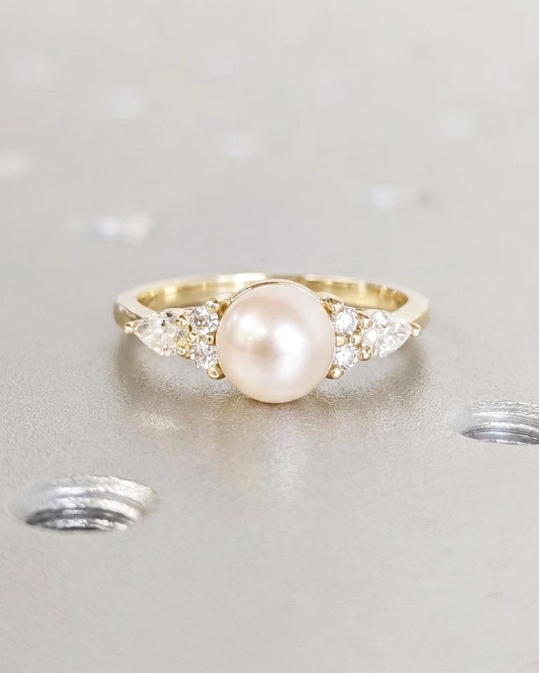 Akoya Pearl Engagement Ring, 14K Yellow Gold Vintage Pearl Ring, Pear & Round Diamond Cluster Ring, Bridal Ring, Anniversary Gift for Women