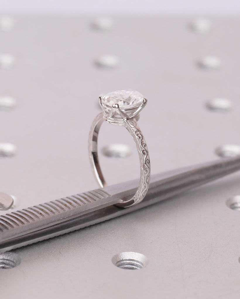 Oval Lab Grown Diamond Ring, Platinum Engagement Ring, Scrollwork Band, Personalized Handmade Jewelry, Vintage Solitaire Rings for Women image #2