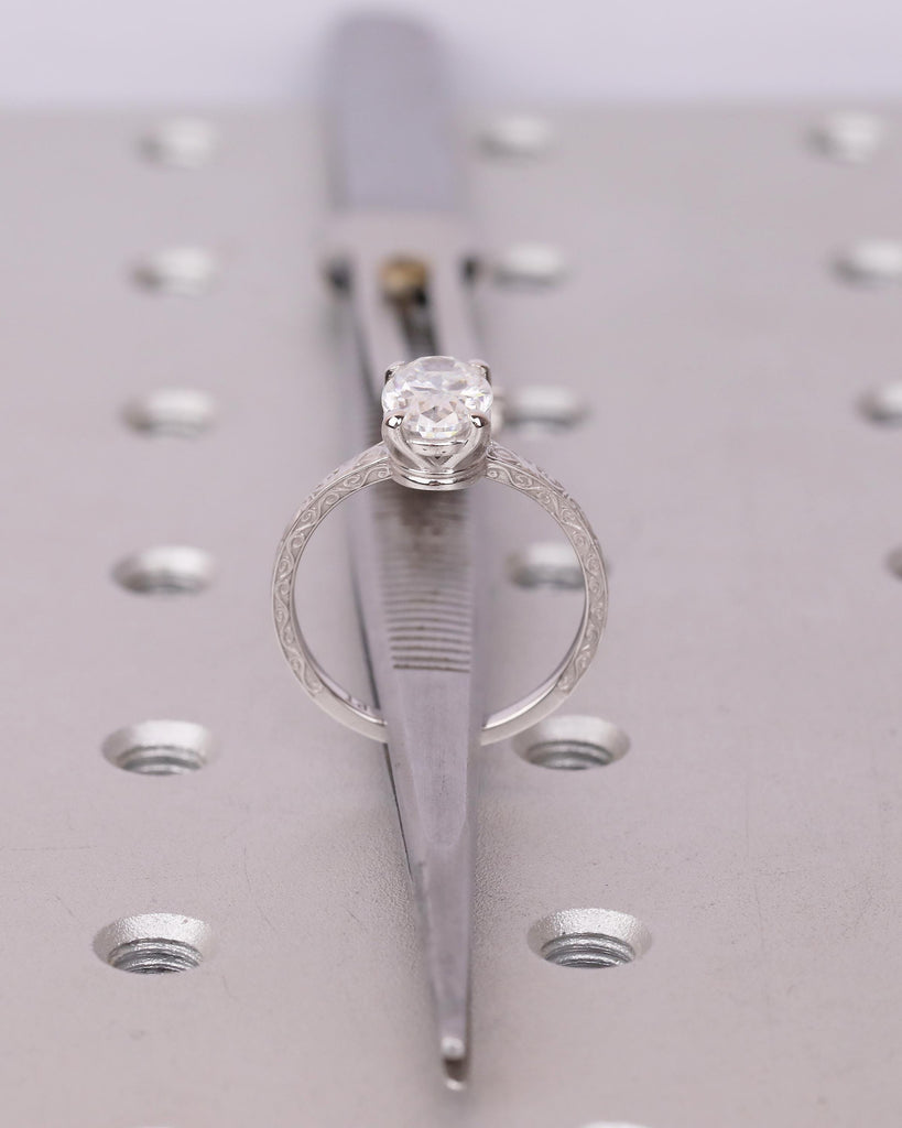 Oval Lab Grown Diamond Ring, Platinum Engagement Ring, Scrollwork Band, Personalized Handmade Jewelry, Vintage Solitaire Rings for Women image #7