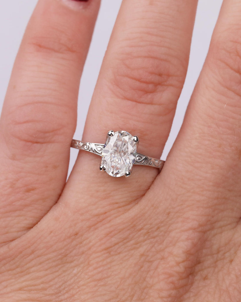 Oval Lab Grown Diamond Ring, Platinum Engagement Ring, Scrollwork Band, Personalized Handmade Jewelry, Vintage Solitaire Rings for Women image #4