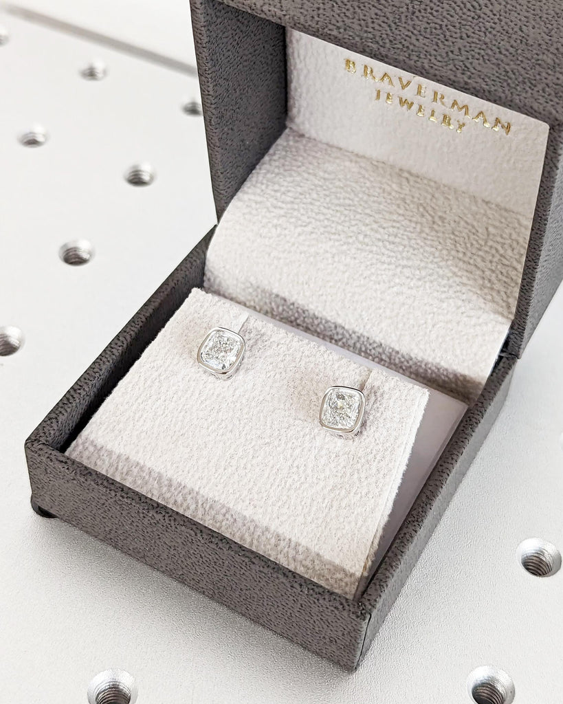 Lab Grown Diamond Cushion Cut Stud Earrings, 18k White Gold Earrings, Bezel Set Diamond Earrings, La Pousette Backs, Everyday Bridal Jewelry image #4