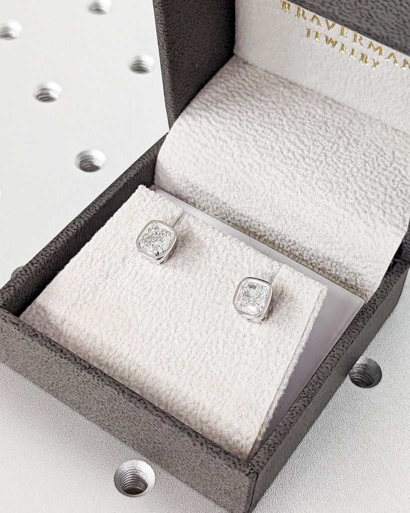 1CT Moissanite Stud Earrings: Cushion Cut Moissanite, Bezel Setting, 14k 18k Solid Gold, La Pousette or Alpha Backs, Classic Bridal Earrings image #7