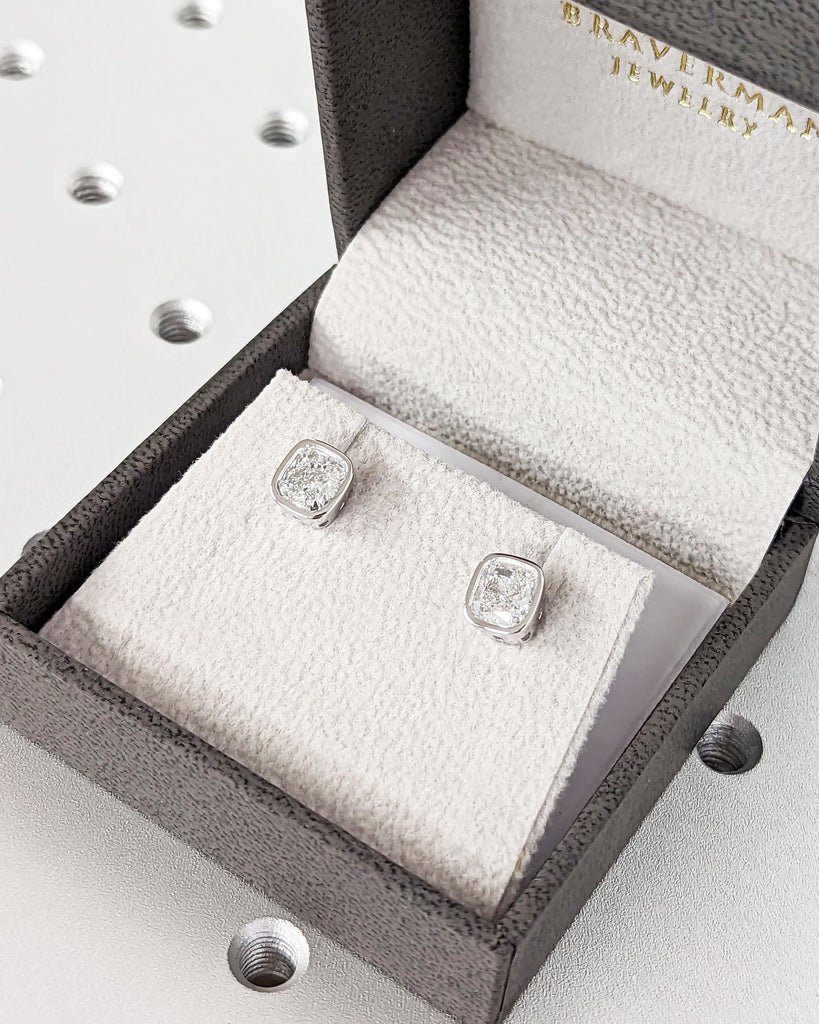 Cushion Cut Moissanite Stud Earrings, White Gold Earrings, Bezel Set Moissanite, La Pousette Alpha Backs, Minimalist Bridal Jewelry image #7