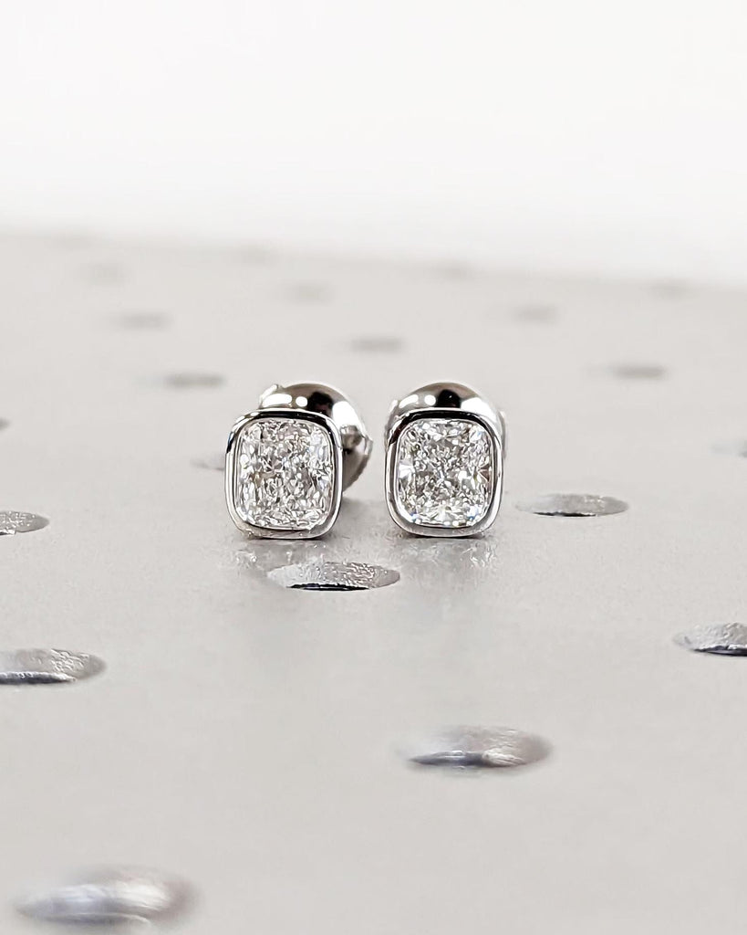 1CT Moissanite Stud Earrings: Cushion Cut Moissanite, Bezel Setting, 14k 18k Solid Gold, La Pousette or Alpha Backs, Classic Bridal Earrings image #3