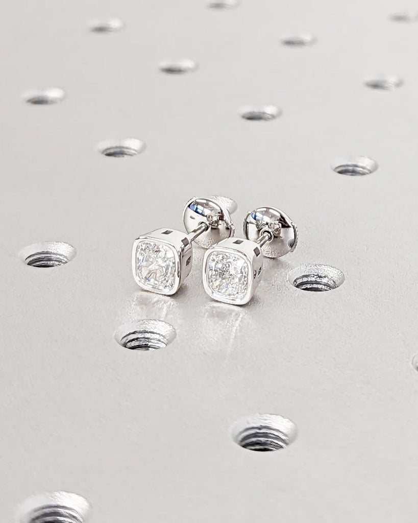 Cushion Cut Moissanite Stud Earrings, White Gold Earrings, Bezel Set Moissanite, La Pousette Alpha Backs, Minimalist Bridal Jewelry