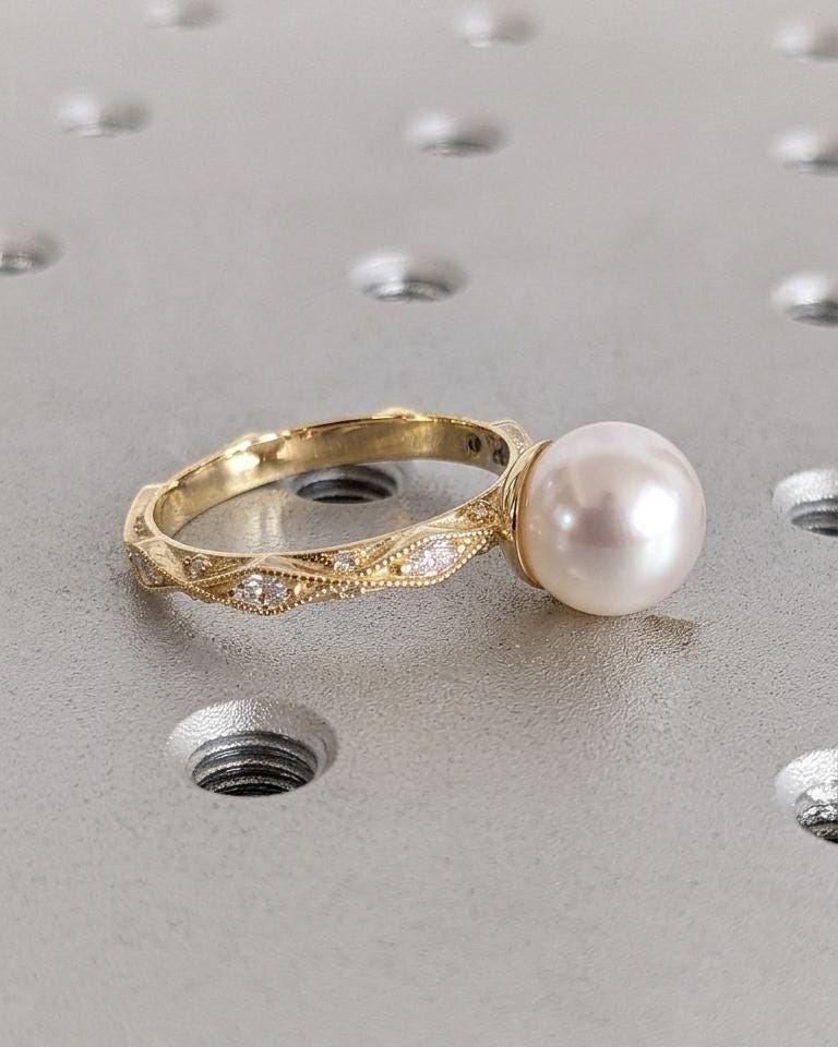 Vintage Akoya Pearl Engagement Ring, Art Deco 14k Yellow Gold Promise Ring for Her, Wedding Anniversary Rings for Women, Bridal Jewelry image #4