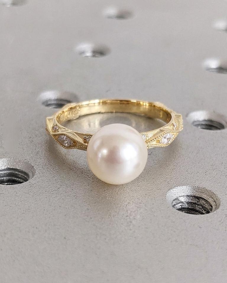 Vintage Akoya Pearl Engagement Ring, Art Deco 14k Yellow Gold Promise Ring for Her, Wedding Anniversary Rings for Women, Bridal Jewelry image #1