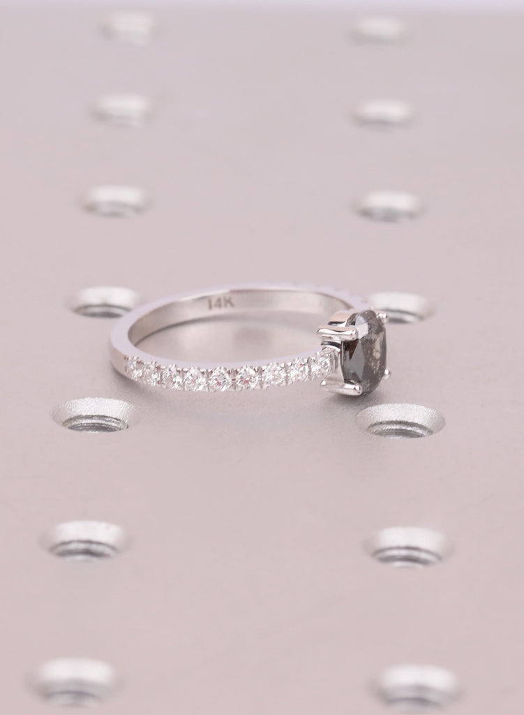Oval Salt and Pepper Diamond Engagement Ring, 14K Gold, 1920's Vintage Raw Salt and Pepper Diamond Promise Ring, One-of-a-kind image #4