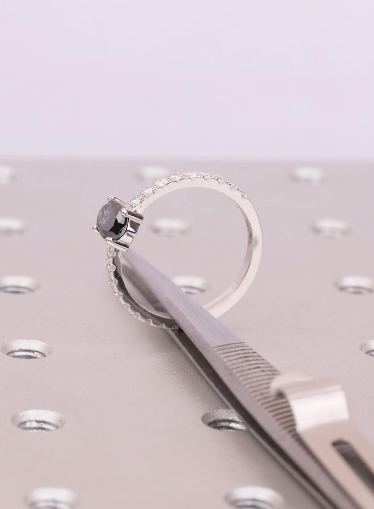 Oval Salt and Pepper Diamond Engagement Ring, 14K Gold, 1920's Vintage Raw Salt and Pepper Diamond Promise Ring, One-of-a-kind image #10