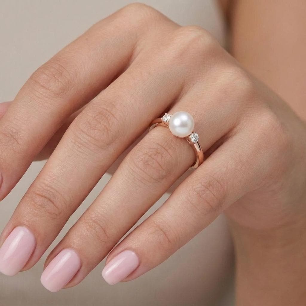 Dainty Pearl Ring, 14k Rose Gold Engagement Ring, Akoya Pearl Diamond Rings for Women, Anniversary Jewelry, Unique Three Stone Gemstone Ring image #2