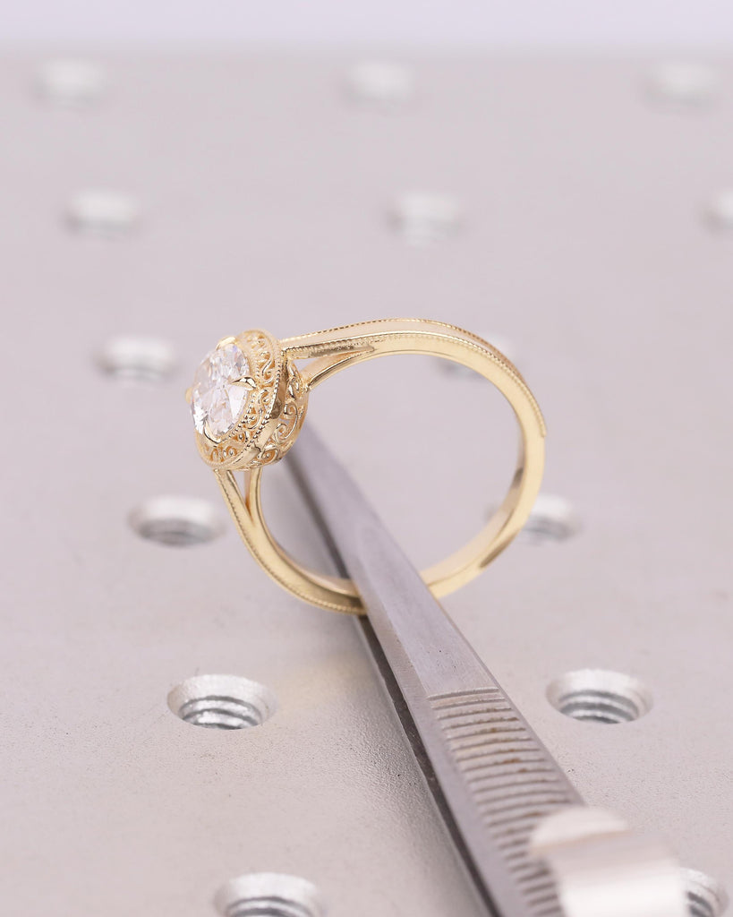 1 Carat Lab Created Diamond Wedding Rings for Women, Oval Engagement Ring, Vintage Inspired 18k Yellow Gold Jewelry, Unique Solitaire Ring image #14