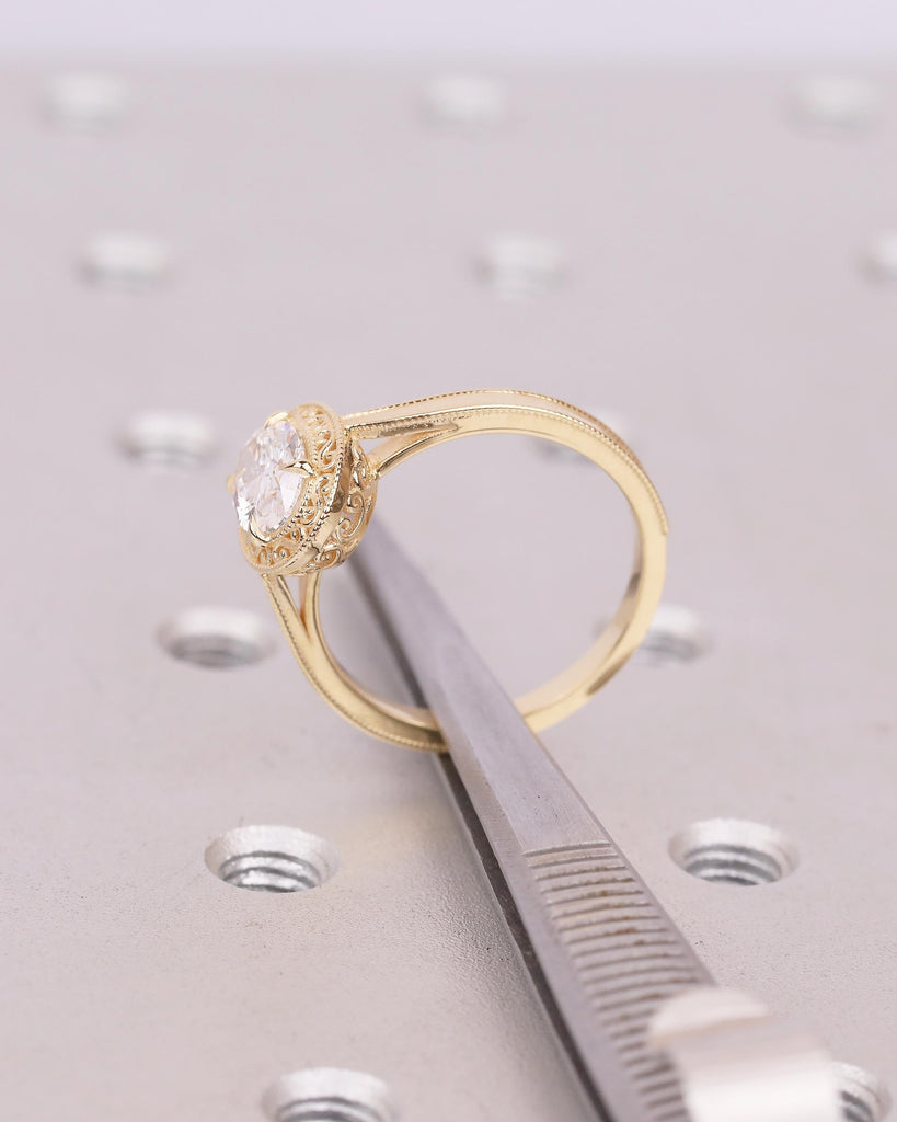1ct Oval Cut Lab Grown Diamond Engagement Ring, 18k Gold Filigree Ring, Milgrain Band image #14