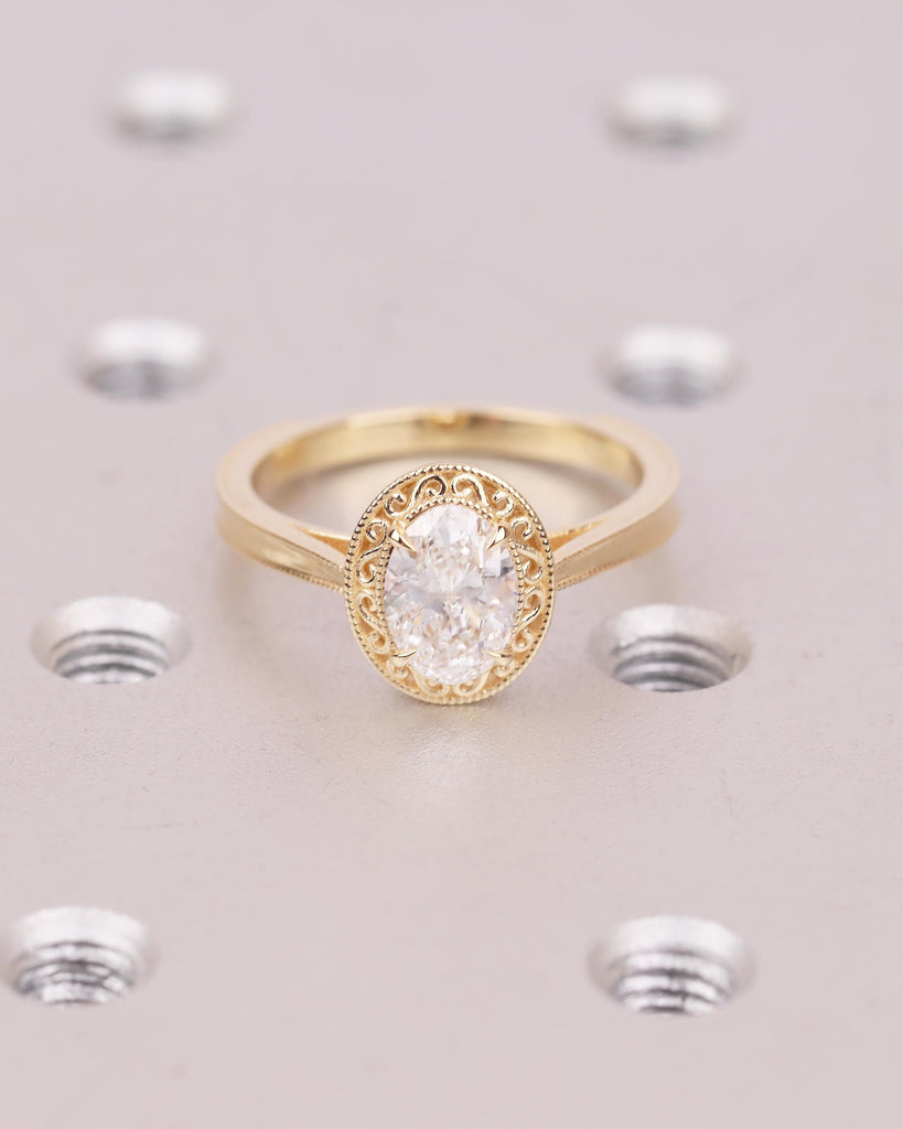 1ct Oval Cut Lab Grown Diamond Engagement Ring, 18k Gold Filigree Ring, Milgrain Band image #16