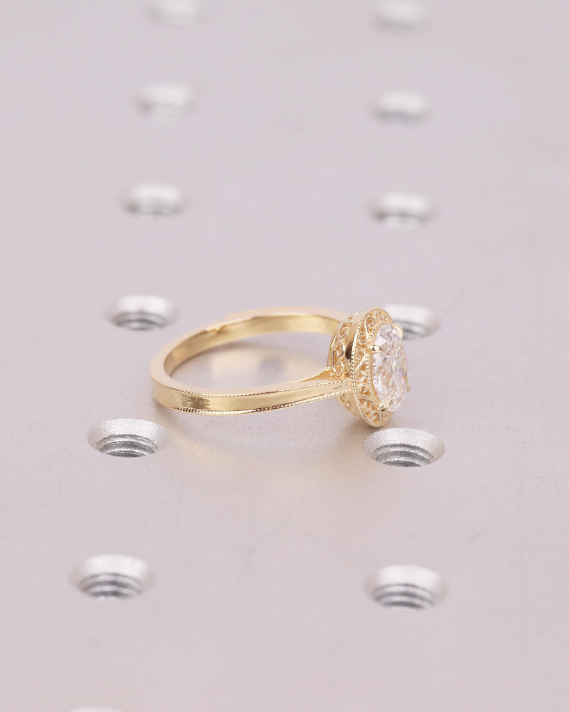 18k Solid Gold Solitaire Engagement Ring, Art Deco 1 Carat Oval Moissanite Ring, Scrollwork Personalized Handmade Jewelry, Heirloom Rings image #4