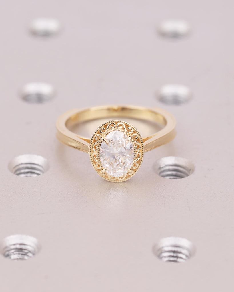 18k Solid Gold Solitaire Engagement Ring, Art Deco 1 Carat Oval Moissanite Ring, Scrollwork Personalized Handmade Jewelry, Heirloom Rings image #13