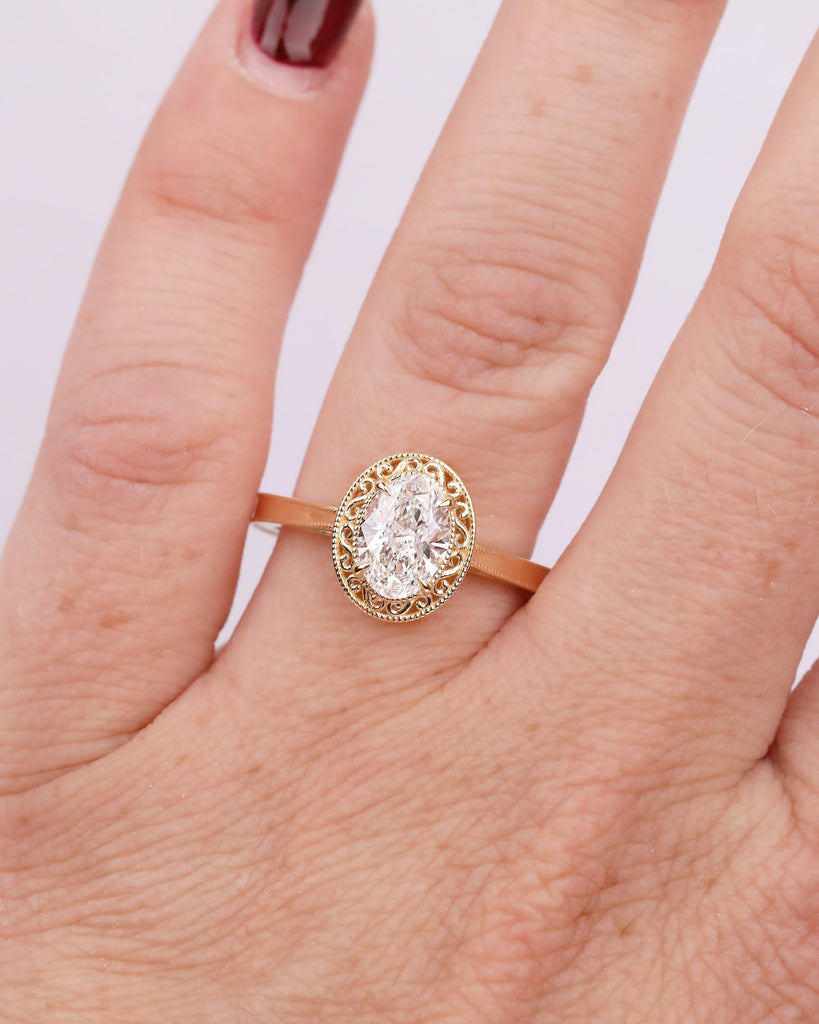 Vintage Style Oval Moissanite Engagement Ring, Milgrain 18k Gold Anniversary Ring image #10