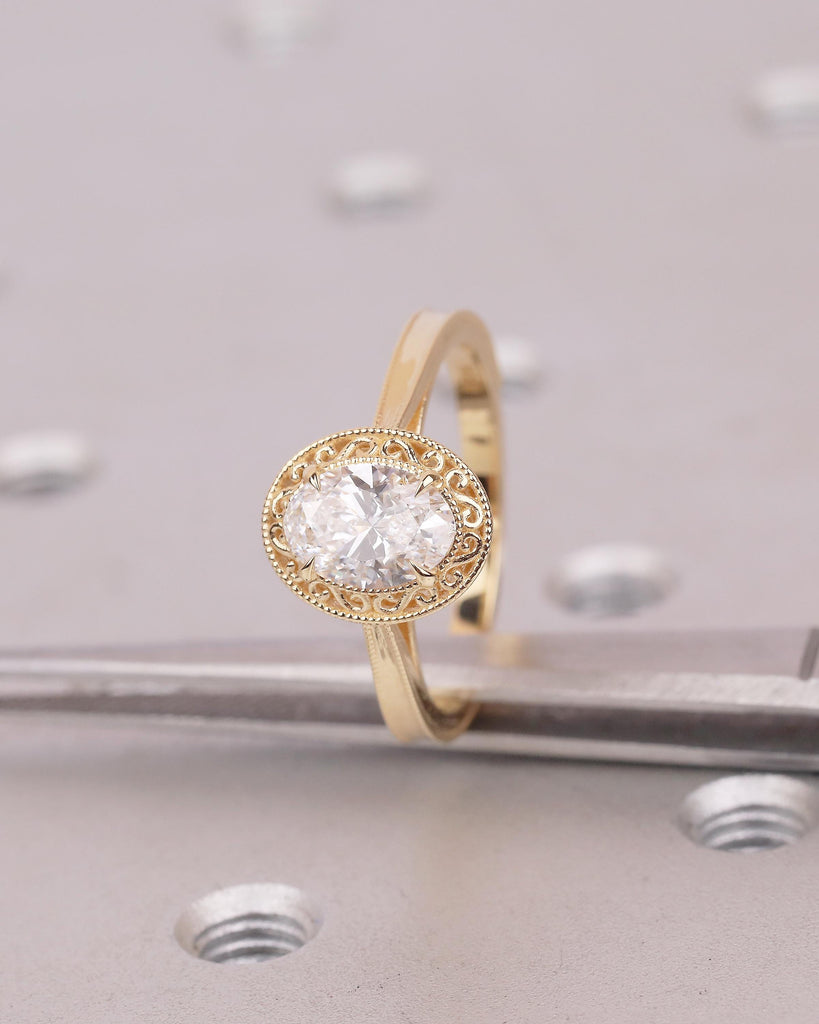 18k Solid Gold Solitaire Engagement Ring, Art Deco 1 Carat Oval Moissanite Ring, Scrollwork Personalized Handmade Jewelry, Heirloom Rings image #1