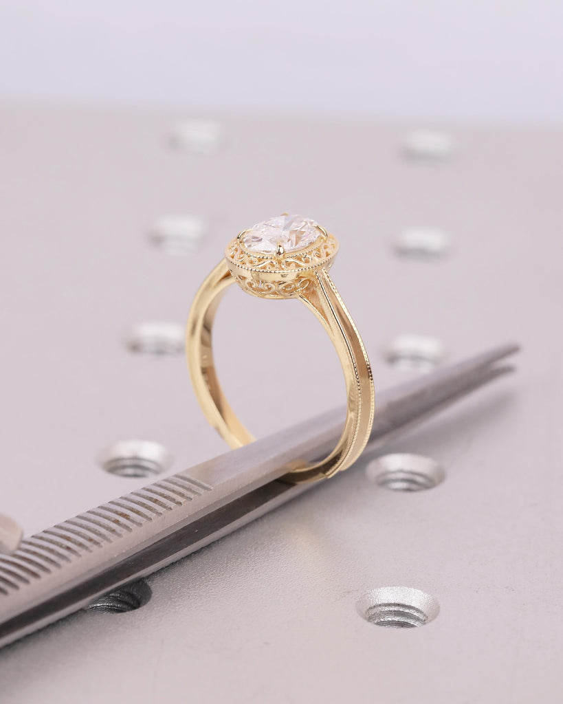 1ct Oval Cut Lab Grown Diamond Engagement Ring, 18k Gold Filigree Ring, Milgrain Band image #1