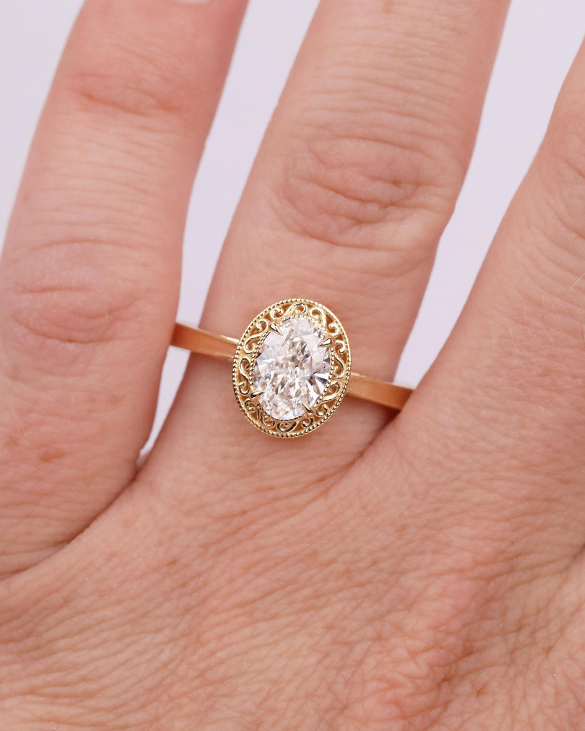 18k Solid Gold Solitaire Engagement Ring, Art Deco 1 Carat Oval Moissanite Ring, Scrollwork Personalized Handmade Jewelry, Heirloom Rings image #2
