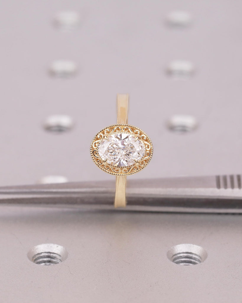 1 Carat Lab Created Diamond Wedding Rings for Women, Oval Engagement Ring, Vintage Inspired 18k Yellow Gold Jewelry, Unique Solitaire Ring image #1