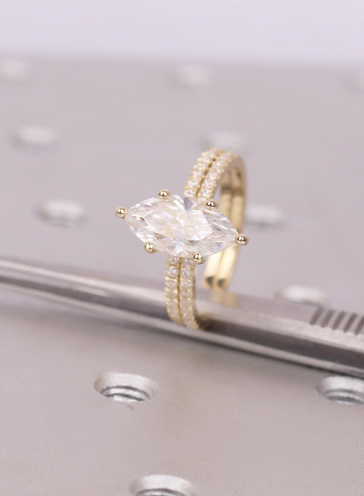 Marquise Lab Grown Diamond Bridal Set, 2Pcs Art Deco Engagement Ring, Matching 14K Gold Wedding Band, IGI Certified Wedding Ring Set Jewelry image #10