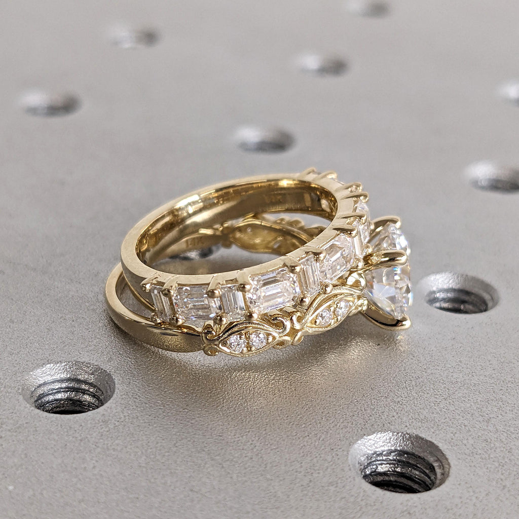 14k Yellow Gold Lab Diamond Engagement Ring and Wedding Band Set | Vintage Bridal Jewelry Anniversary Gift for Her image #6