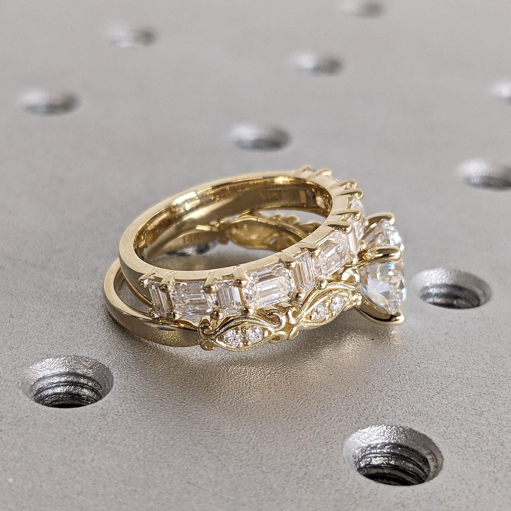 Round Lab Diamond Art Deco Promise Ring | Half Eternity Diamond Wedding Band Stackable Bridal Set | Vintage Gold Jewelry image #6