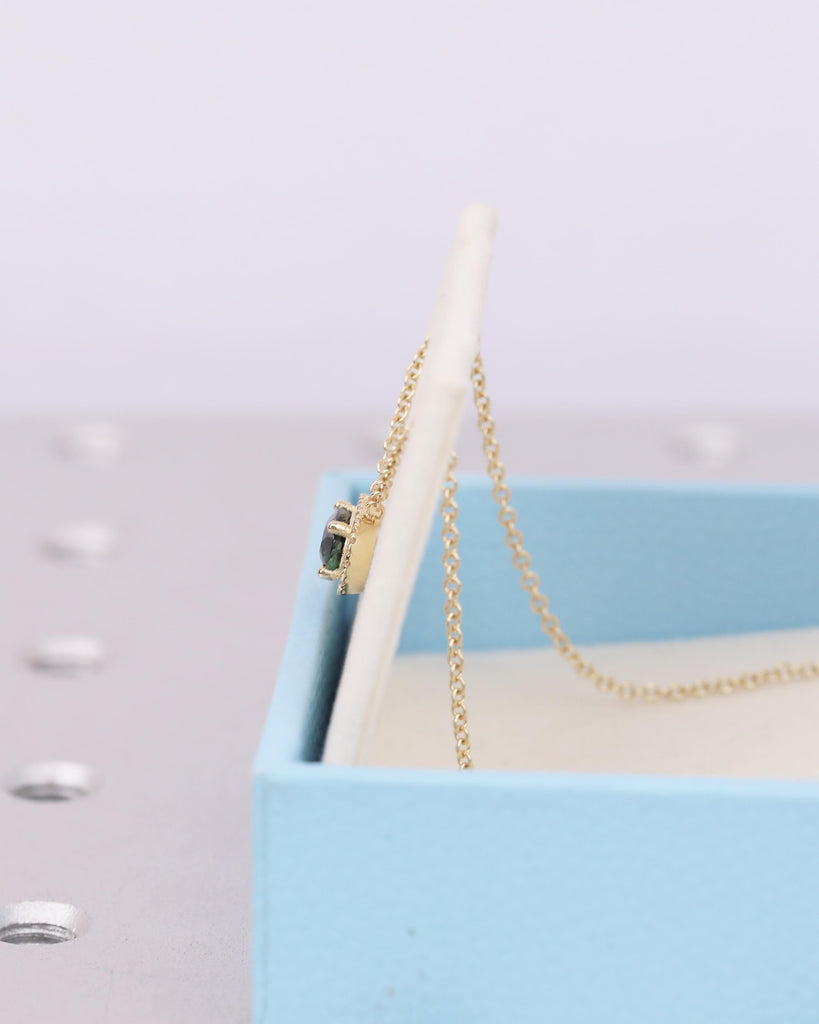 Oval Teal Sapphire Pendant, Diamond Halo, Dainty 18k/14k Gold East West Blue Green Gemstone Pendant, Solitaire Everyday Birthstone Necklace image #7