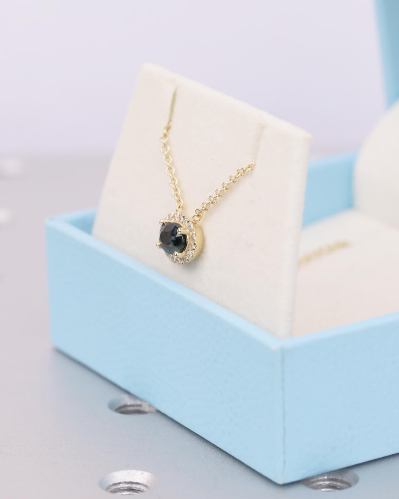 Oval Teal Sapphire Pendant, Diamond Halo, Dainty 18k/14k Gold East West Blue Green Gemstone Pendant, Solitaire Everyday Birthstone Necklace image #20