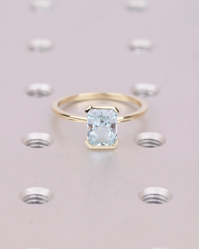 Solitaire Aquamarine Engagement Ring, Radiant Cut Rings, Half Bezel 14k Yellow Gold Birthstone Ring image #17