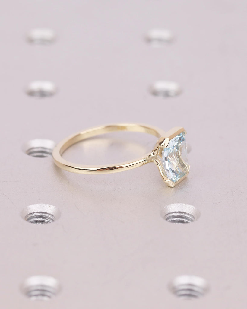 Solitaire Aquamarine Engagement Ring, Radiant Cut Rings, Half Bezel 14k Yellow Gold Birthstone Ring image #9