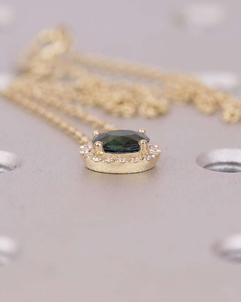 Oval Teal Sapphire Pendant, Diamond Halo, Dainty 18k/14k Gold East West Blue Green Gemstone Pendant, Solitaire Everyday Birthstone Necklace image #8