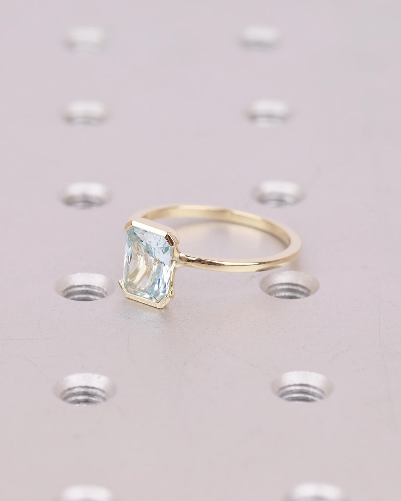 Radiant Cut Aquamarine Ring, Half Bezel Engagement Ring, 14k Solid Gold Promise Rings for Her, Light Blue Gemstone Jewelry, March Birthstone image #4