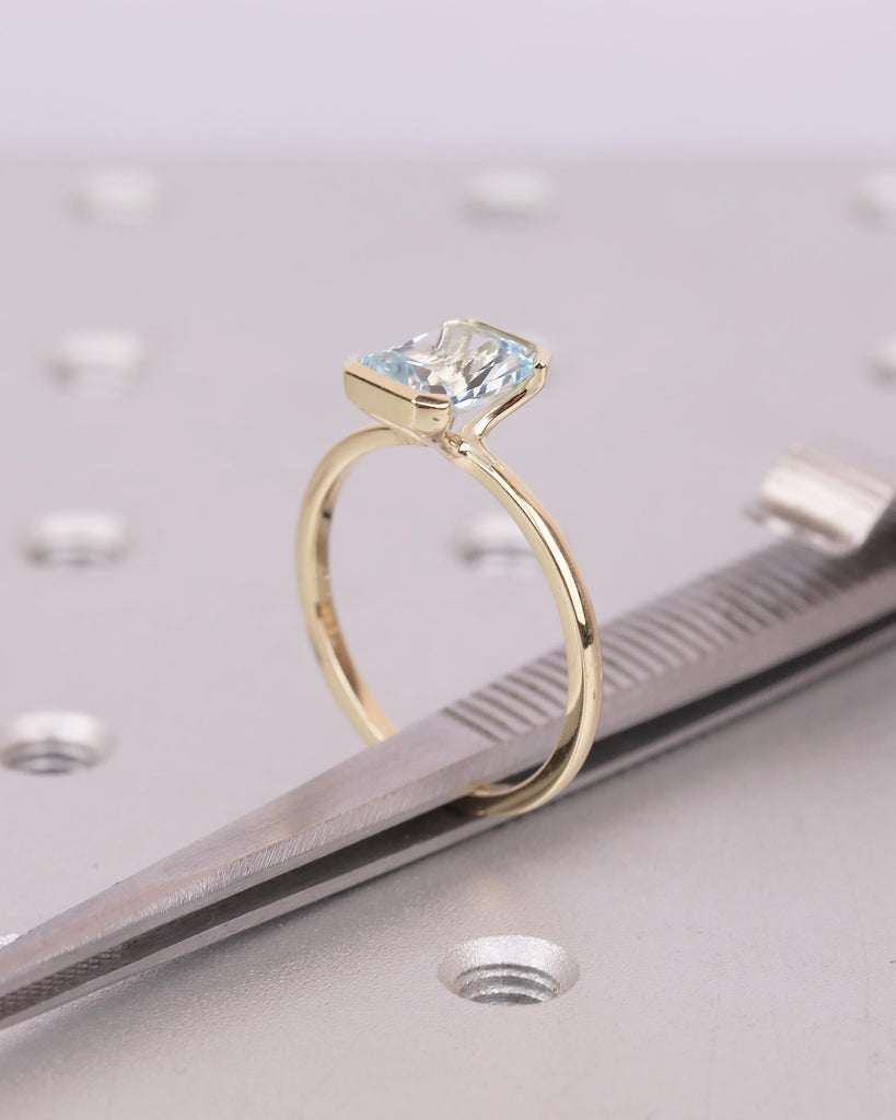 Solitaire Aquamarine Engagement Ring, Radiant Cut Rings, Half Bezel 14k Yellow Gold Birthstone Ring image #5