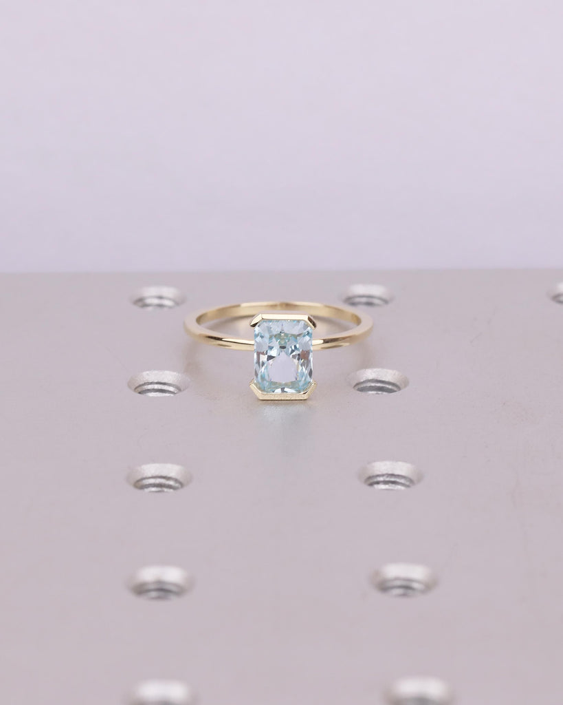 Solitaire Aquamarine Engagement Ring, Radiant Cut Rings, Half Bezel 14k Yellow Gold Birthstone Ring image #3