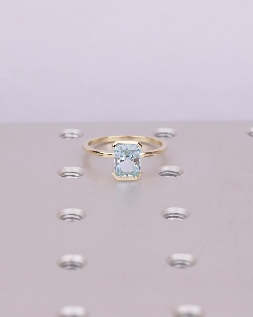 Radiant Cut Aquamarine Ring, Half Bezel Engagement Ring, 14k Solid Gold Promise Rings for Her, Light Blue Gemstone Jewelry, March Birthstone image #3