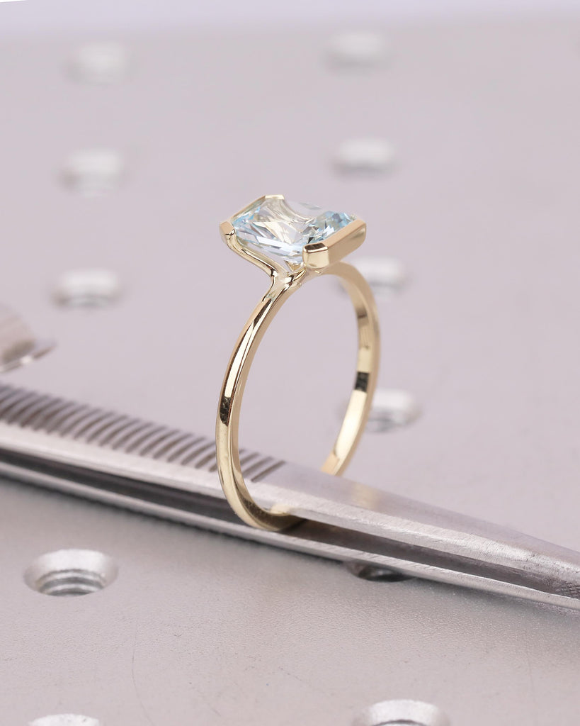 Solitaire Aquamarine Engagement Ring, Radiant Cut Rings, Half Bezel 14k Yellow Gold Birthstone Ring image #20