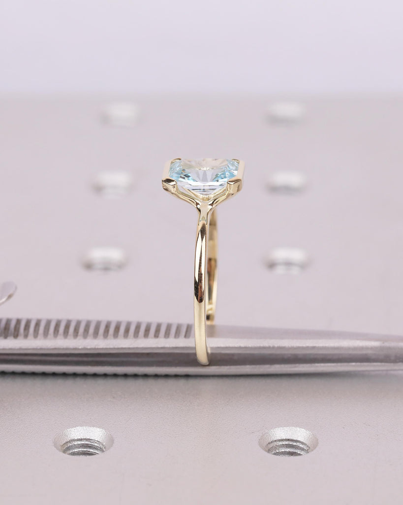 Solitaire Aquamarine Engagement Ring, Radiant Cut Rings, Half Bezel 14k Yellow Gold Birthstone Ring image #15
