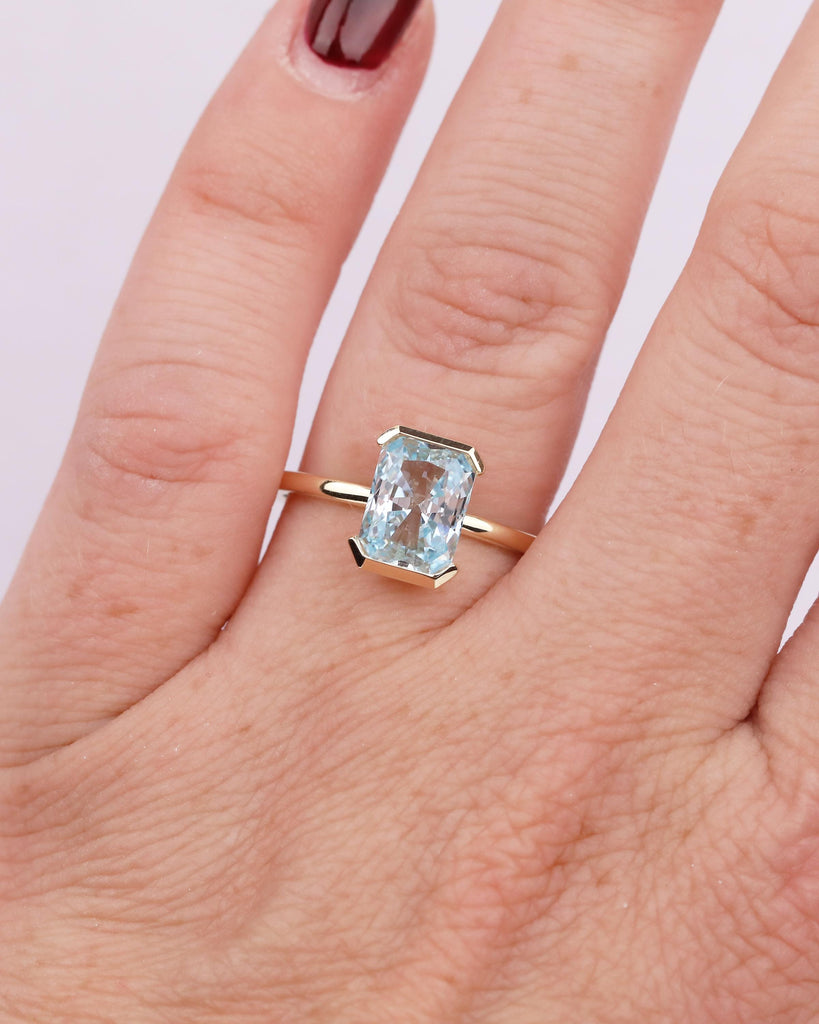 Radiant Cut Aquamarine Ring, Half Bezel Engagement Ring, 14k Solid Gold Promise Rings for Her, Light Blue Gemstone Jewelry, March Birthstone image #12