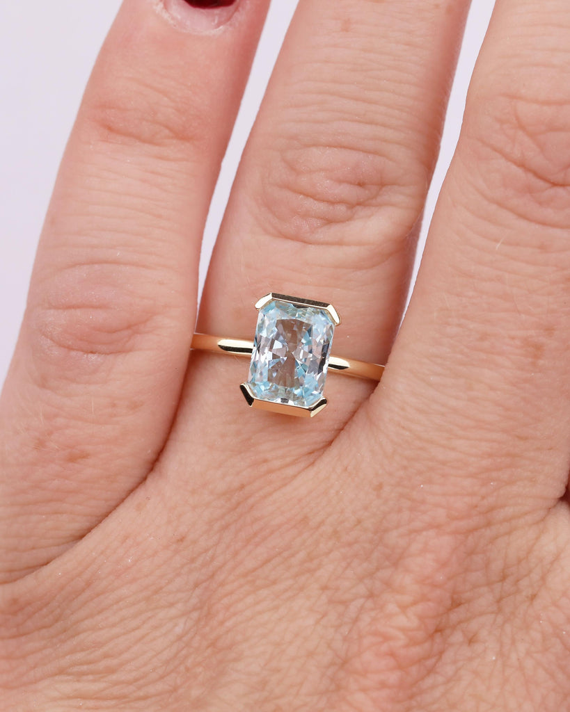 Radiant Cut Aquamarine Ring, Half Bezel Engagement Ring, 14k Solid Gold Promise Rings for Her, Light Blue Gemstone Jewelry, March Birthstone image #10