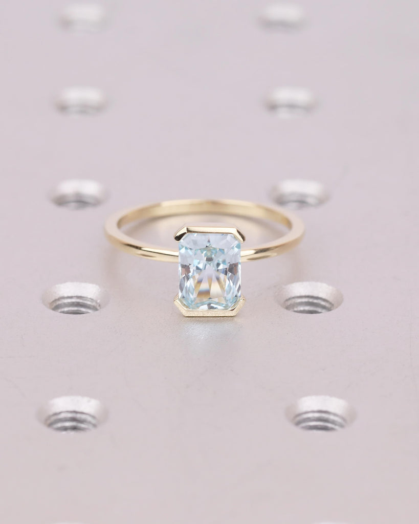 Solitaire Aquamarine Engagement Ring, Radiant Cut Rings, Half Bezel 14k Yellow Gold Birthstone Ring image #8