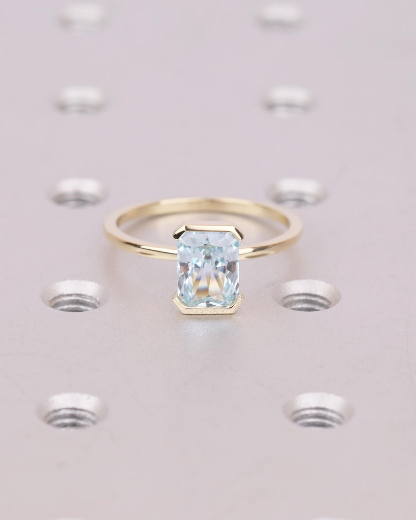 Radiant Cut Aquamarine Ring, Half Bezel Engagement Ring, 14k Solid Gold Promise Rings for Her, Light Blue Gemstone Jewelry, March Birthstone image #8
