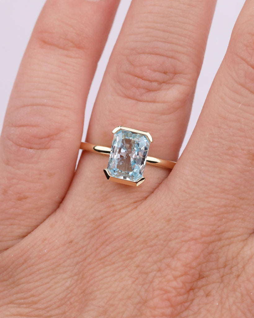 Radiant Cut Aquamarine Ring, Half Bezel Engagement Ring, 14k Solid Gold Promise Rings for Her, Light Blue Gemstone Jewelry, March Birthstone image #19