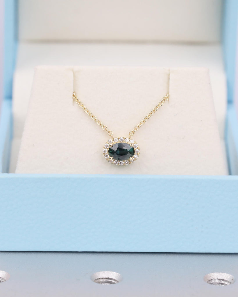 14k Yellow Gold Oval Teal Sapphire Necklace Pendant with Diamond Halo, Birthstone Jewelry image #17