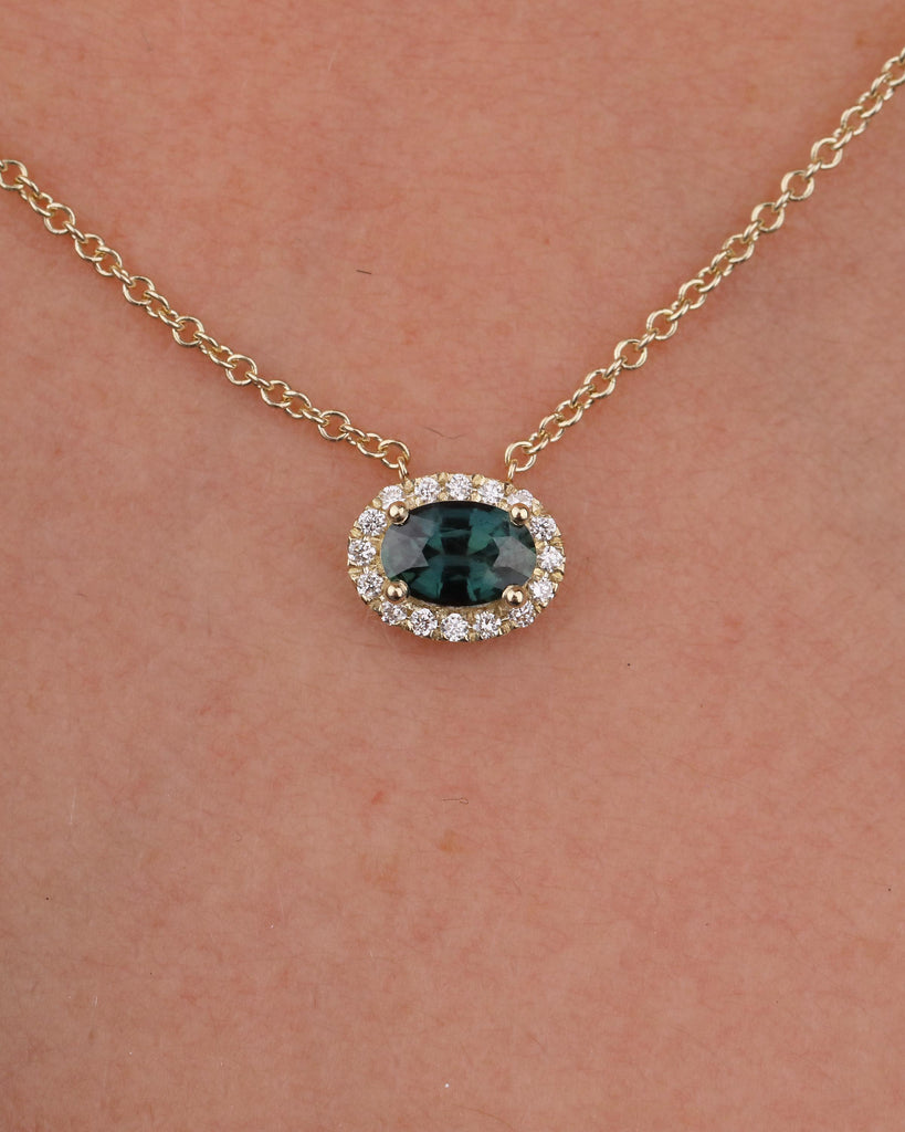 14k Yellow Gold Oval Teal Sapphire Necklace Pendant with Diamond Halo, Birthstone Jewelry image #13