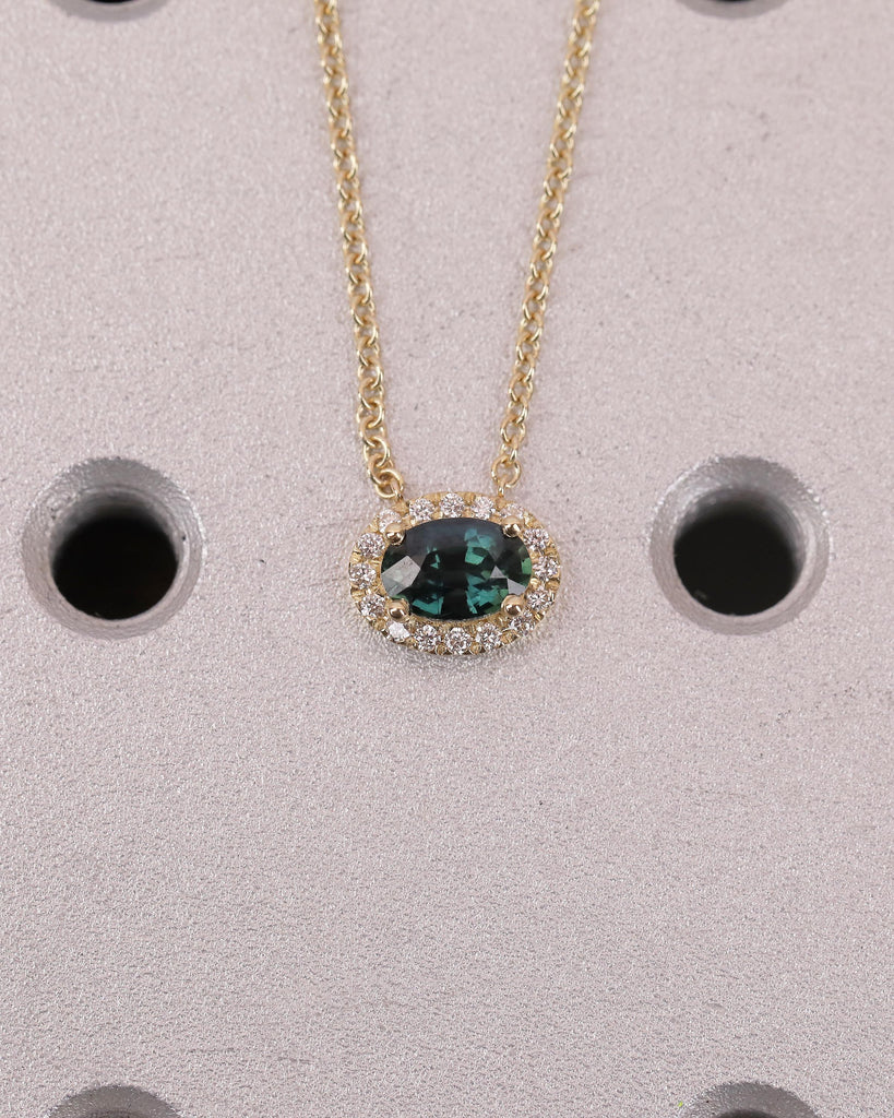 Oval Teal Sapphire Pendant, Diamond Halo, Dainty 18k/14k Gold East West Blue Green Gemstone Pendant, Solitaire Everyday Birthstone Necklace image #11