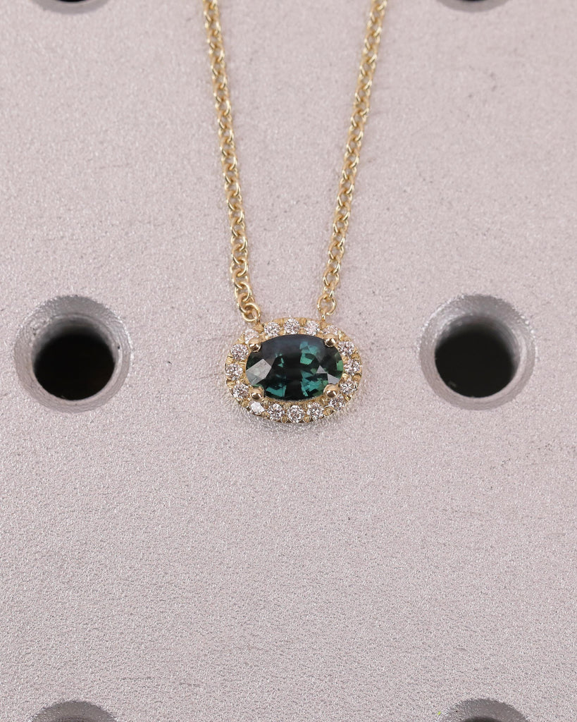 14k Yellow Gold Oval Teal Sapphire Necklace Pendant with Diamond Halo, Birthstone Jewelry image #11