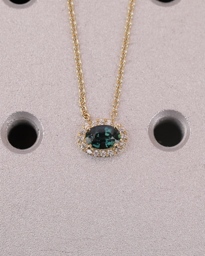 14k Yellow Gold Oval Teal Sapphire Necklace Pendant with Diamond Halo, Birthstone Jewelry image #18