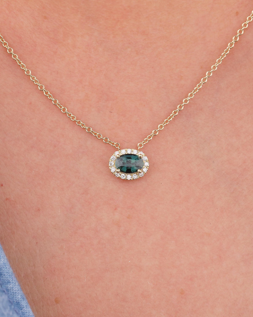 Oval Teal Sapphire Pendant, Diamond Halo, Dainty 18k/14k Gold East West Blue Green Gemstone Pendant, Solitaire Everyday Birthstone Necklace image #5